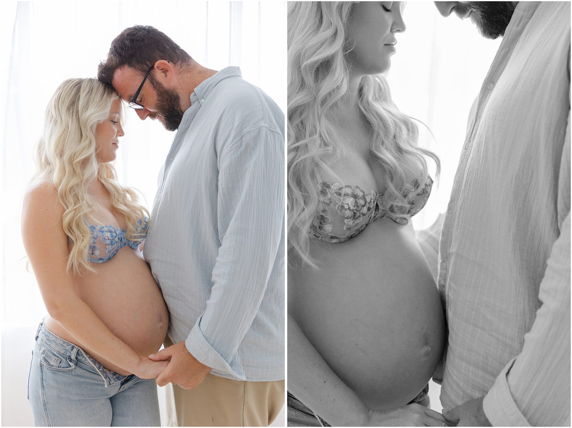 expecting mom cuddles closely with her husband during her raleigh maternity photos