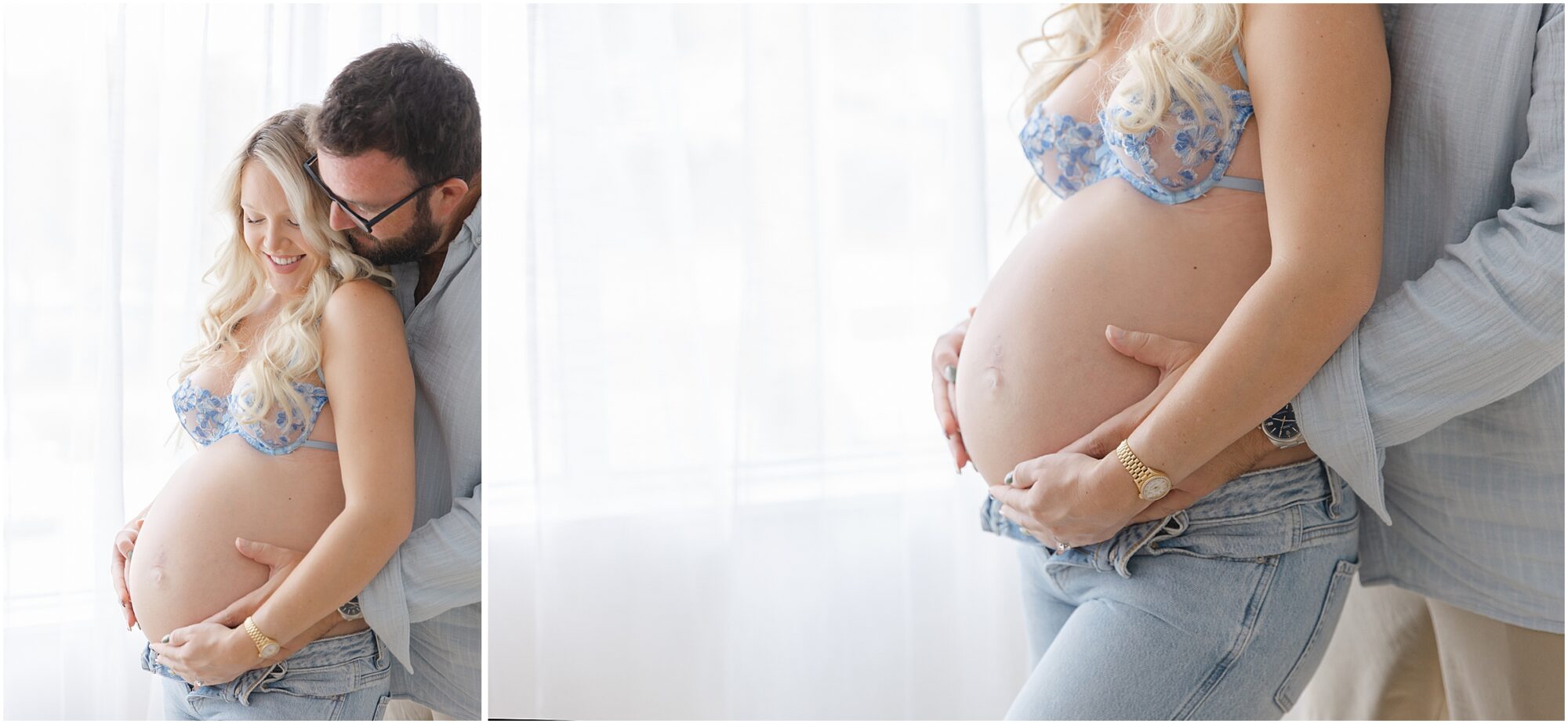 couple expecting a baby snuggle together in front of window