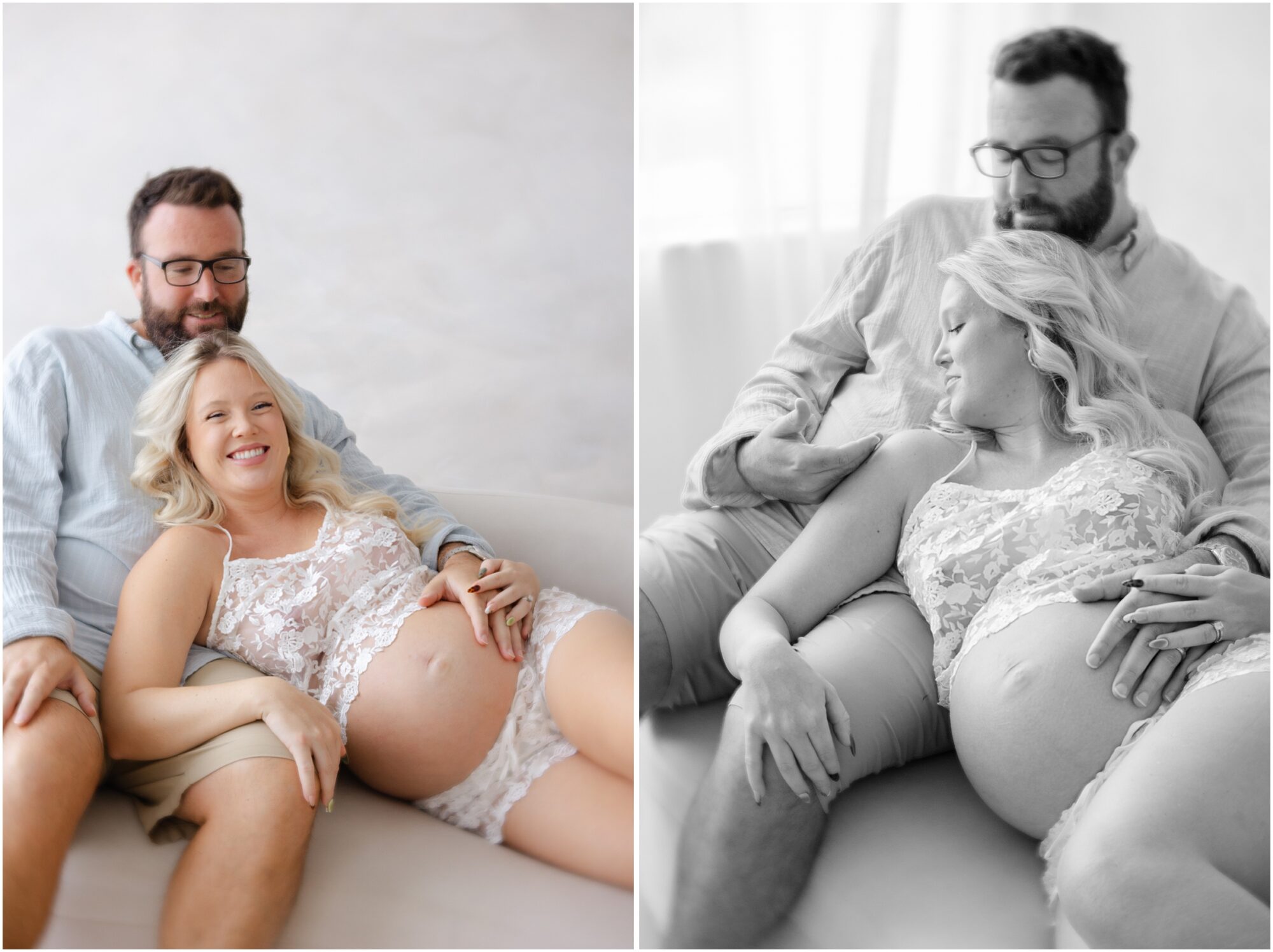 expecting couple lounges together on a sofa during their raleigh maternity photography session