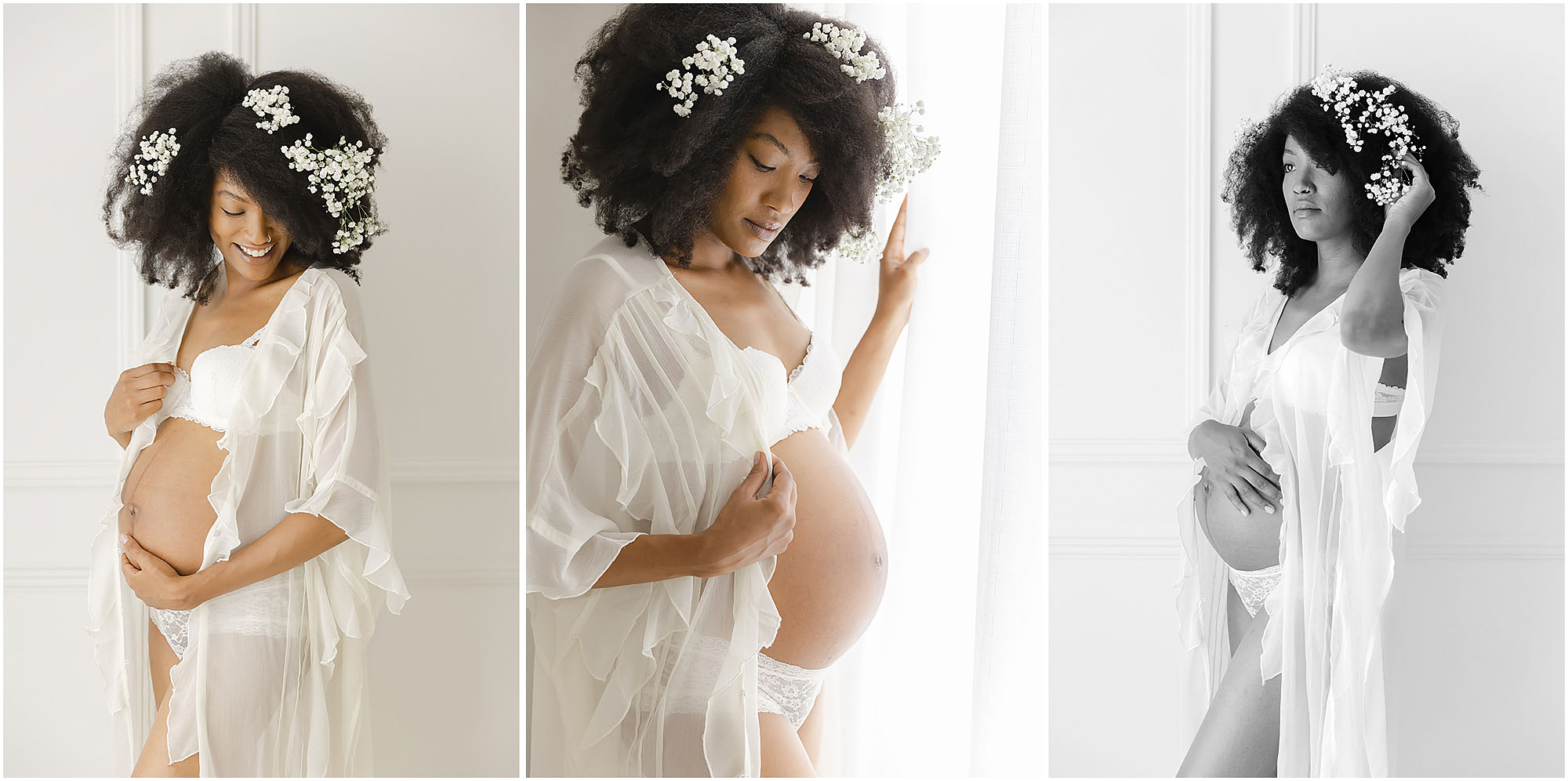 Beautiful black woman with flowers in her hair poses for intimate maternity photos at Christy Johnson Photography in Wake Forest, NC