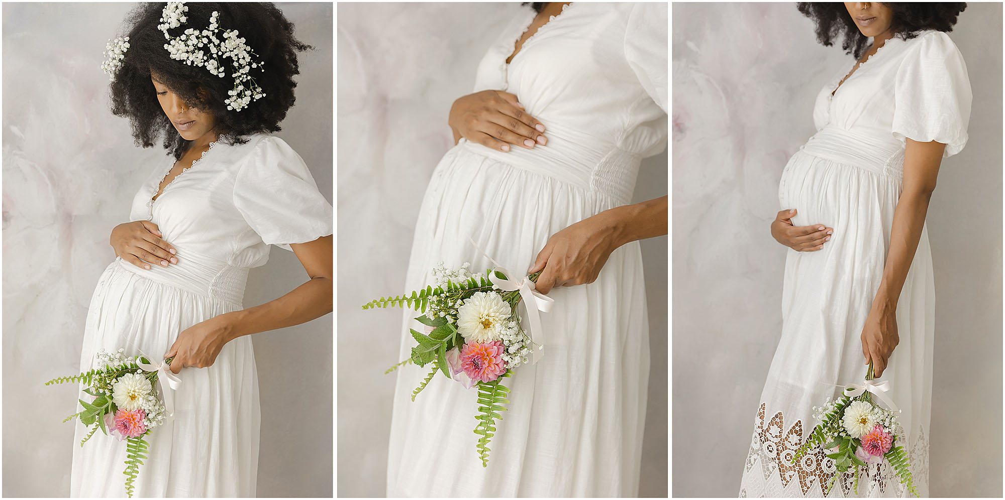 African American woman in a white dress with flowers poses for maternity photos in Wake Forest, NC