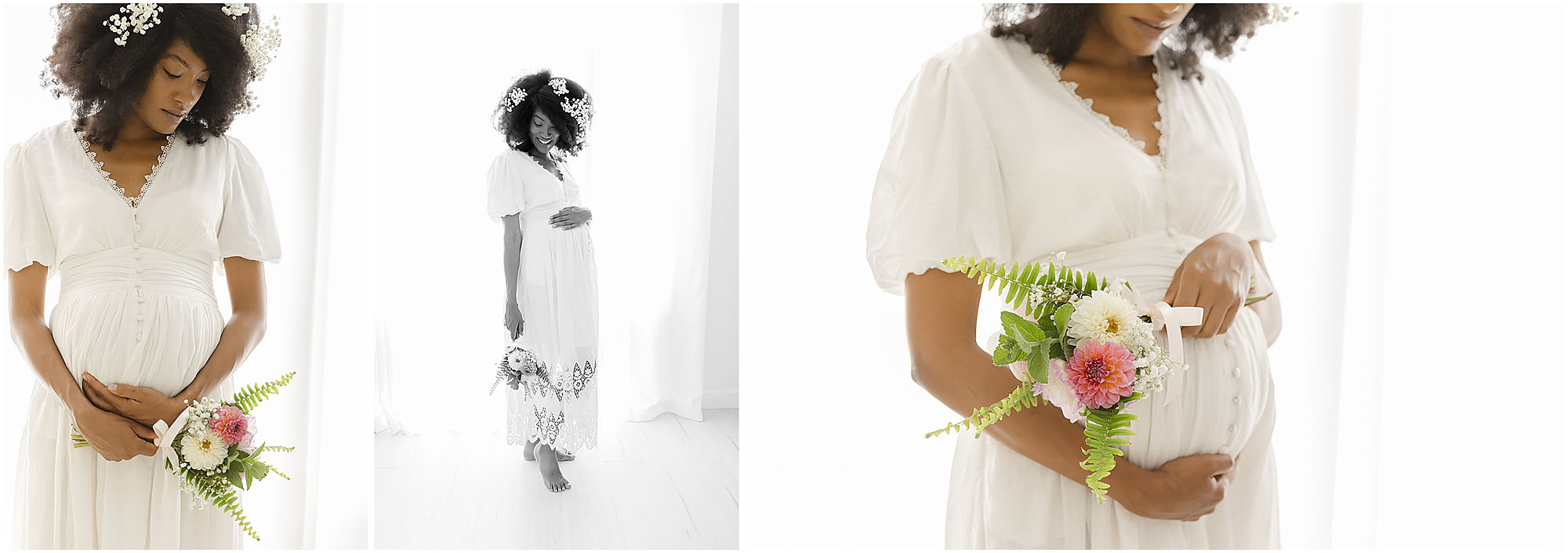 Beautiful black woman holding a small bouquet of flowers poses for maternity photos at Christy Johnson Photography in Wake Forest, NC
