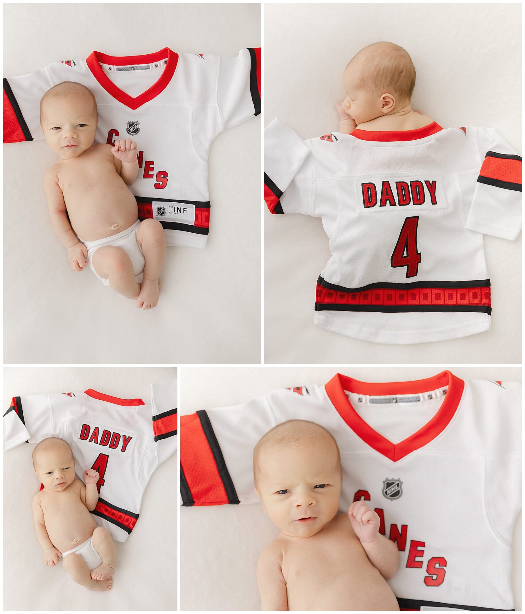 Christy Johnson Photography -Newborn son of a Carolina Hurricanes player posing with a tiny Canes jersey