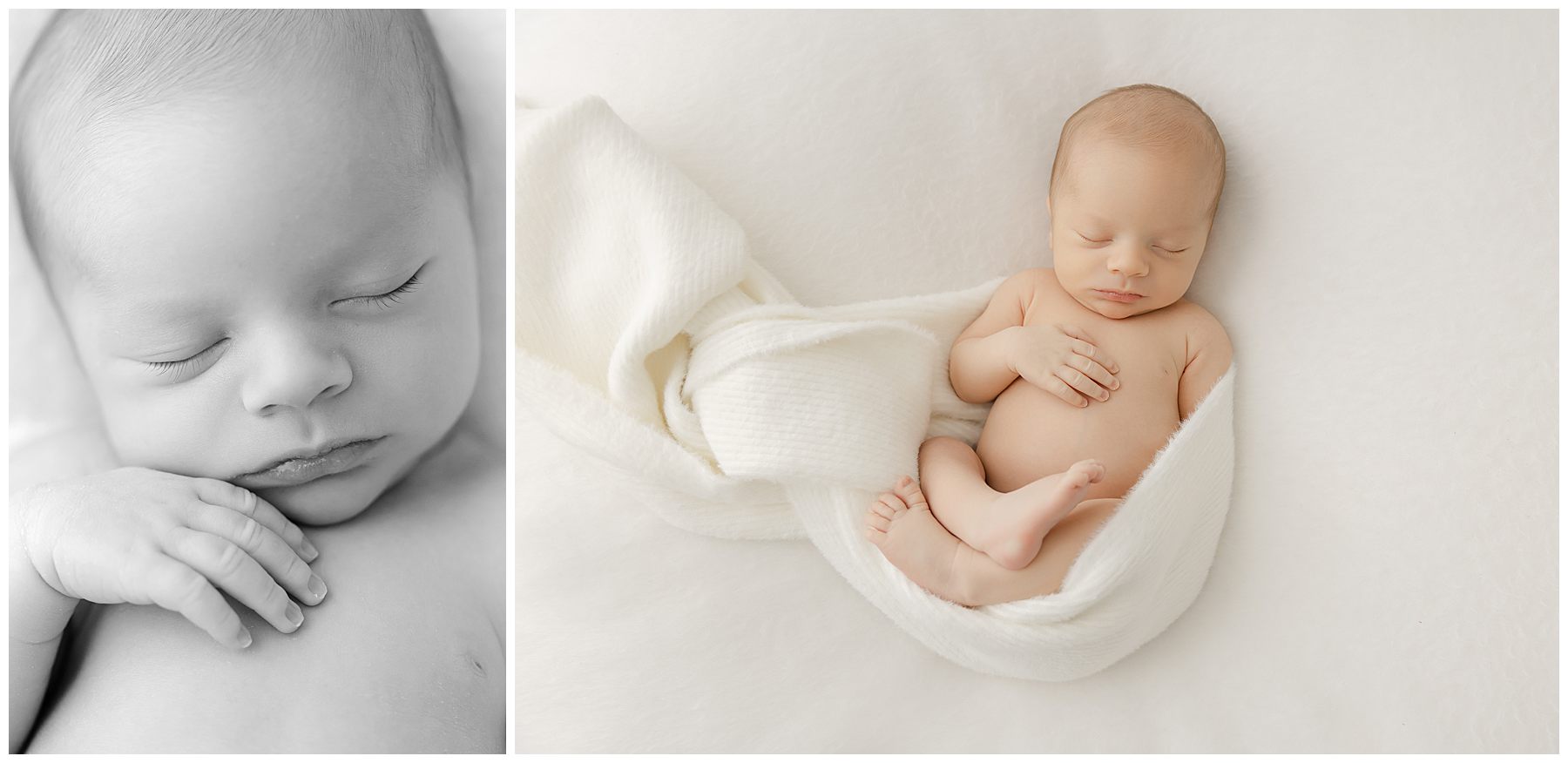 Sleepy newborn boy wrapped loosely in a cream blanket