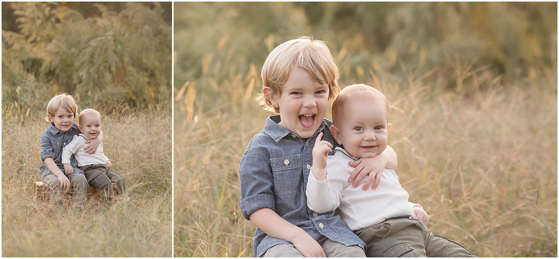 Young brothers smile while sitting together for family photos in Wake Forest, NC
