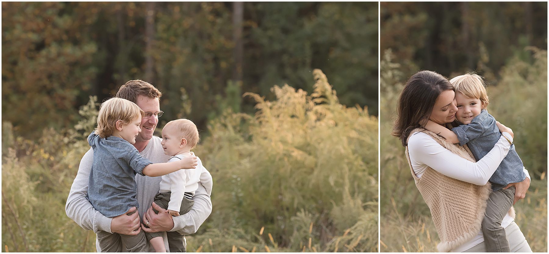 Parents snuggle and play with their little boys during a family photo session in Wake Forest, NC