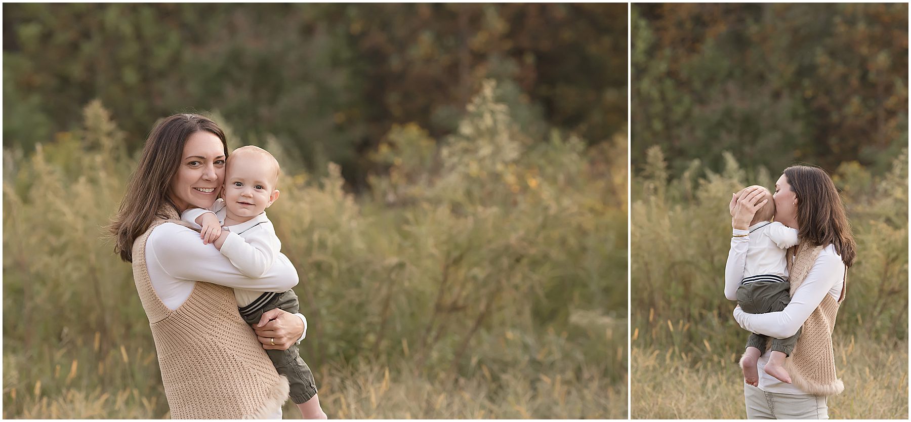 A mom in a white shirt and cream vest snuggles her infant son during a family photo session with Christy Johnson Photography