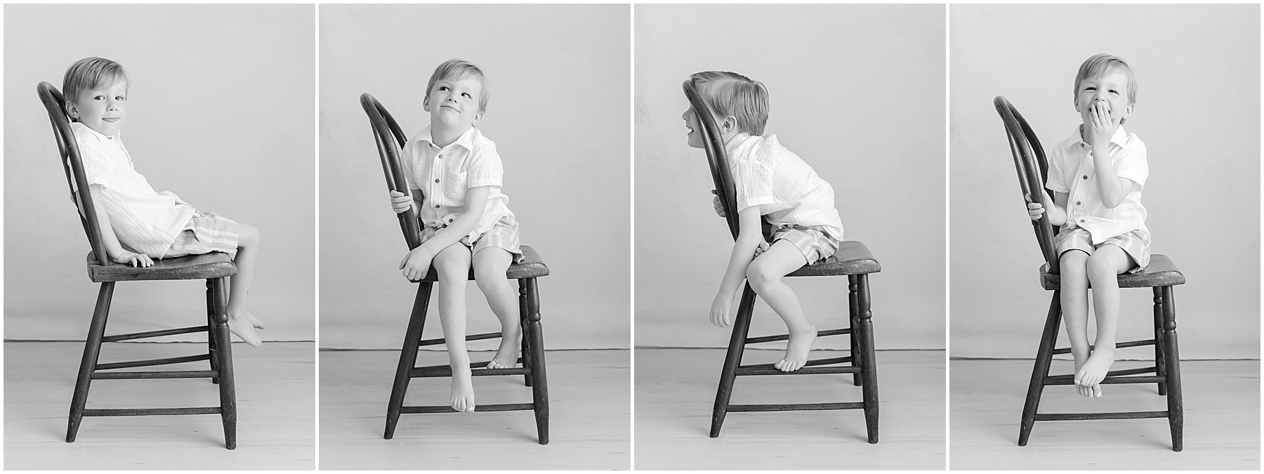 Set of four black and white photos of a little boy sitting playfully in a chair during personality portraits in Raleigh NC with Christy Johnson Photography
