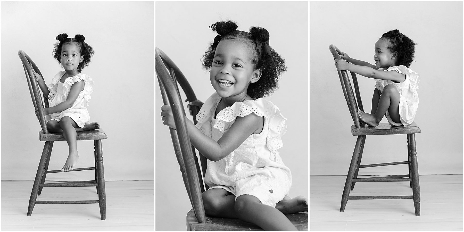 Set of 3 black and white photos of a little girl smiling playfully in a chair during personality portraits in Raleigh NC with Christy Johnson Photography