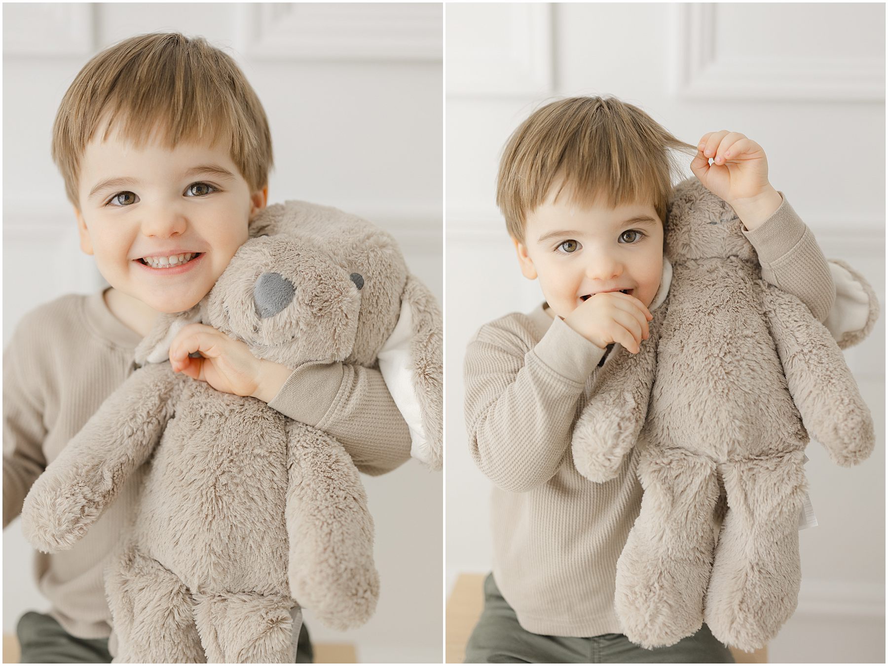 Two photos of a brown-eyed little boy snuggling his stuffed puppy during personality portraits in Raleigh NC with Christy Johnson Photography