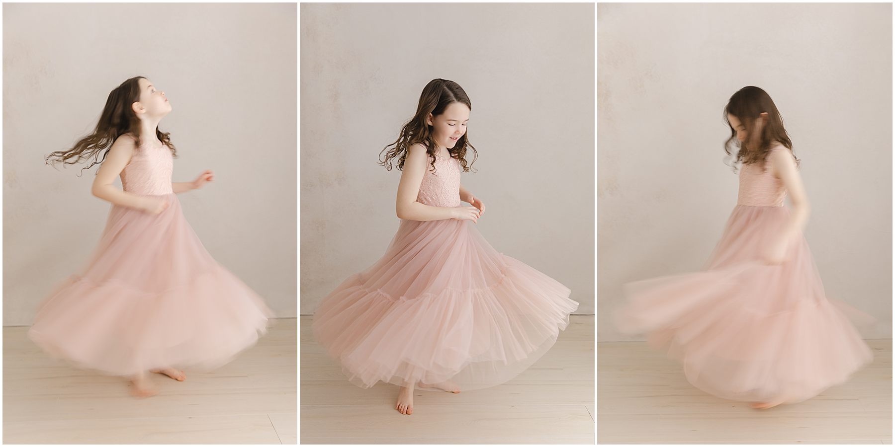 Set of three photos of a little girl dancing and twirling her pink dress during personality portraits in Raleigh NC with Christy Johnson Photography