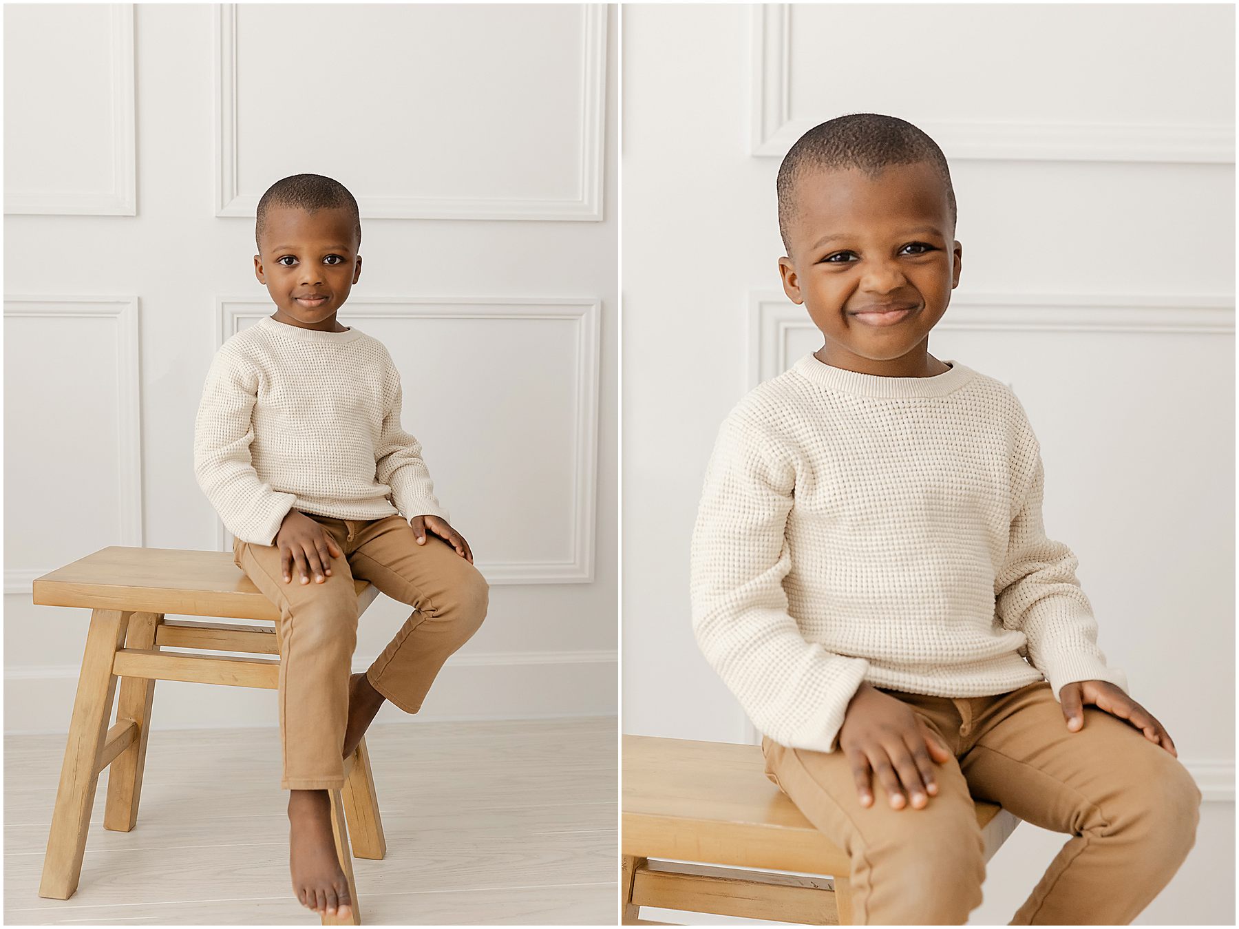 Set of 2 photos of a little boy wearing cream and camel during personality portraits in Raleigh NC with Christy Johnson Photography