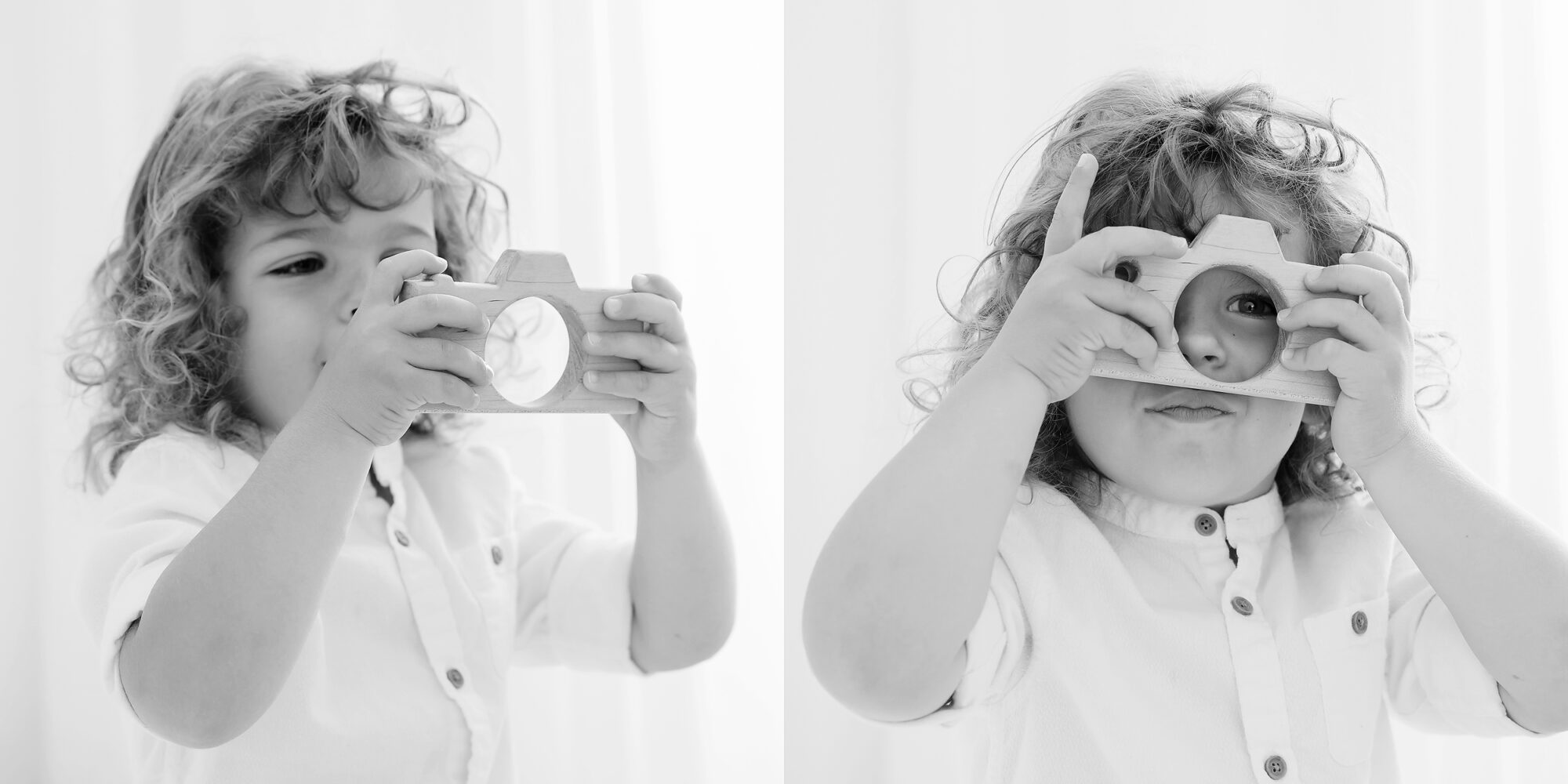 Two black and white photos of a little boy playing with a wooden toy camera during personality portraits in Raleigh NC with Christy Johnson Photography