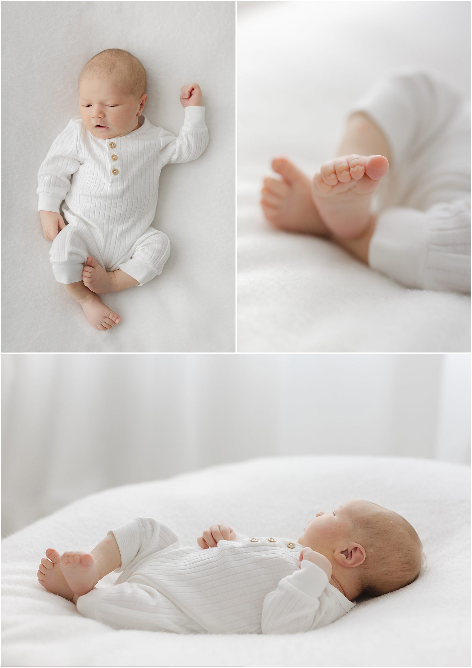 Baby boy sleeping on a white blanket during a full-service newborn photography experience in raleigh nc by christy johnson photography