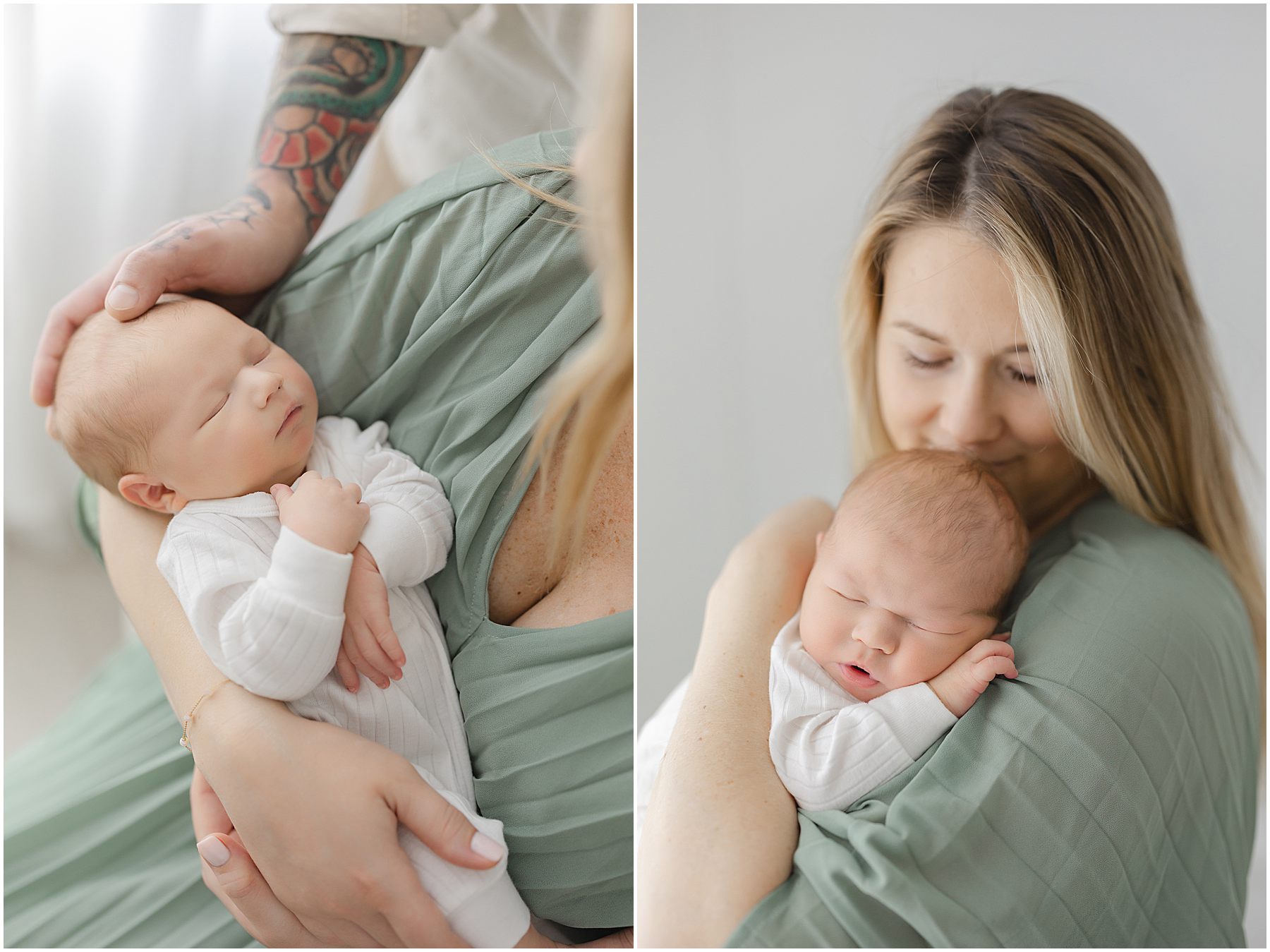 A new mother in a sage green dress cradles her baby during a full-service newborn photography experience in raleigh nc by christy johnson photography
