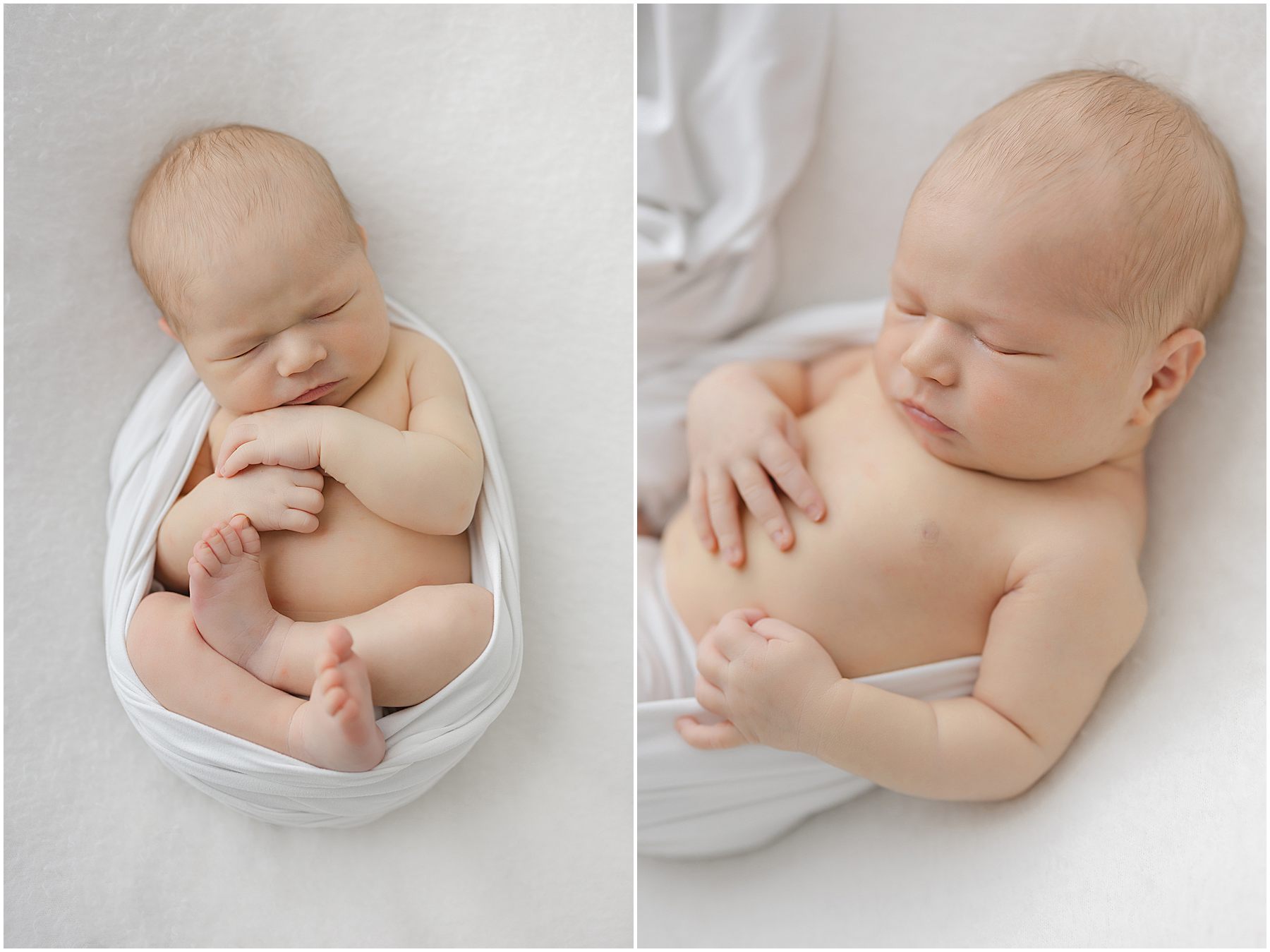 Baby boy sleeps wrapped in white blankets during a full-service newborn photography experience in raleigh nc by christy johnson photography