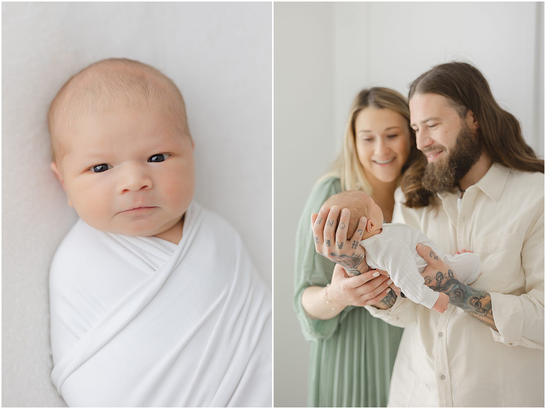 A couple smiles at their new baby during a full-service newborn photography experience in raleigh nc by christy johnson photography