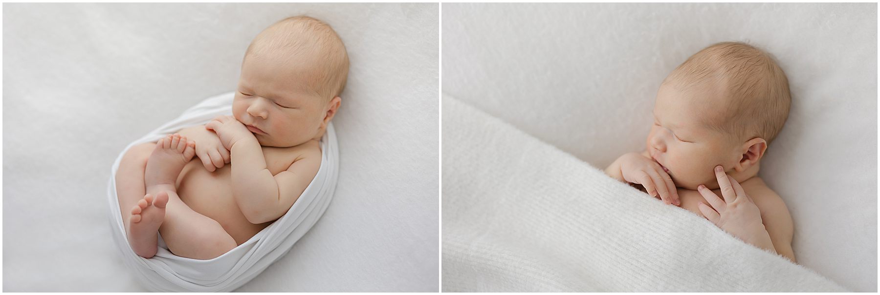 Sleeping baby in white blanket during a full-service newborn photography experience in raleigh nc by christy johnson photography