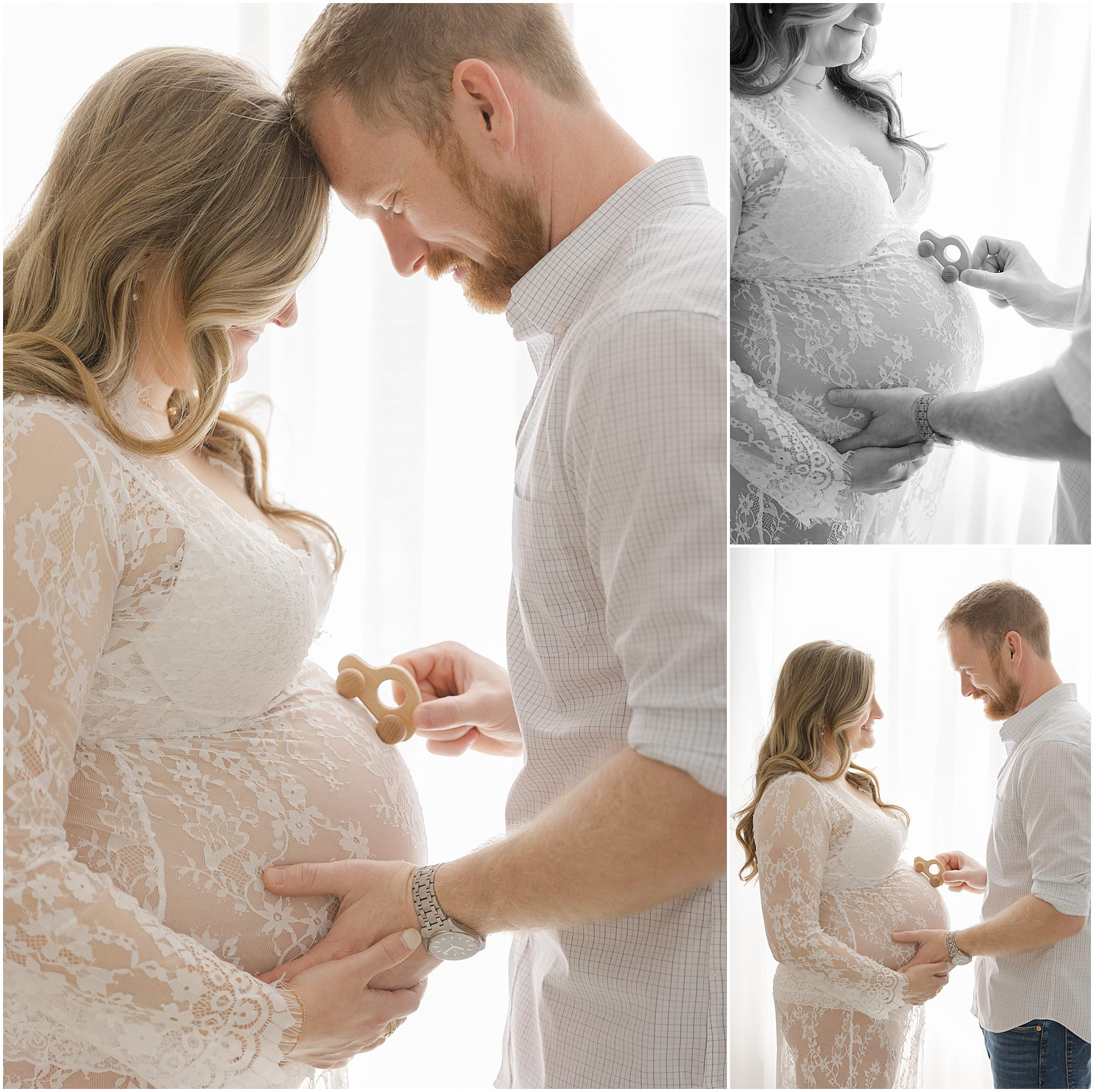 Pregnant woman in a white lace dress playing with a wooden car with her husband during her maternity photo session with Christy Johnson Photography in Wake Forest, NC