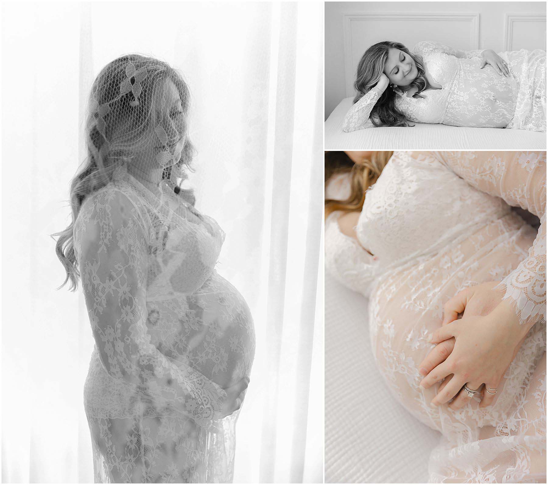 Double exposure photograph featuring a woman wearing a white lace dress during her maternity photo session with Christy Johnson Photography in Wake Forest, NC