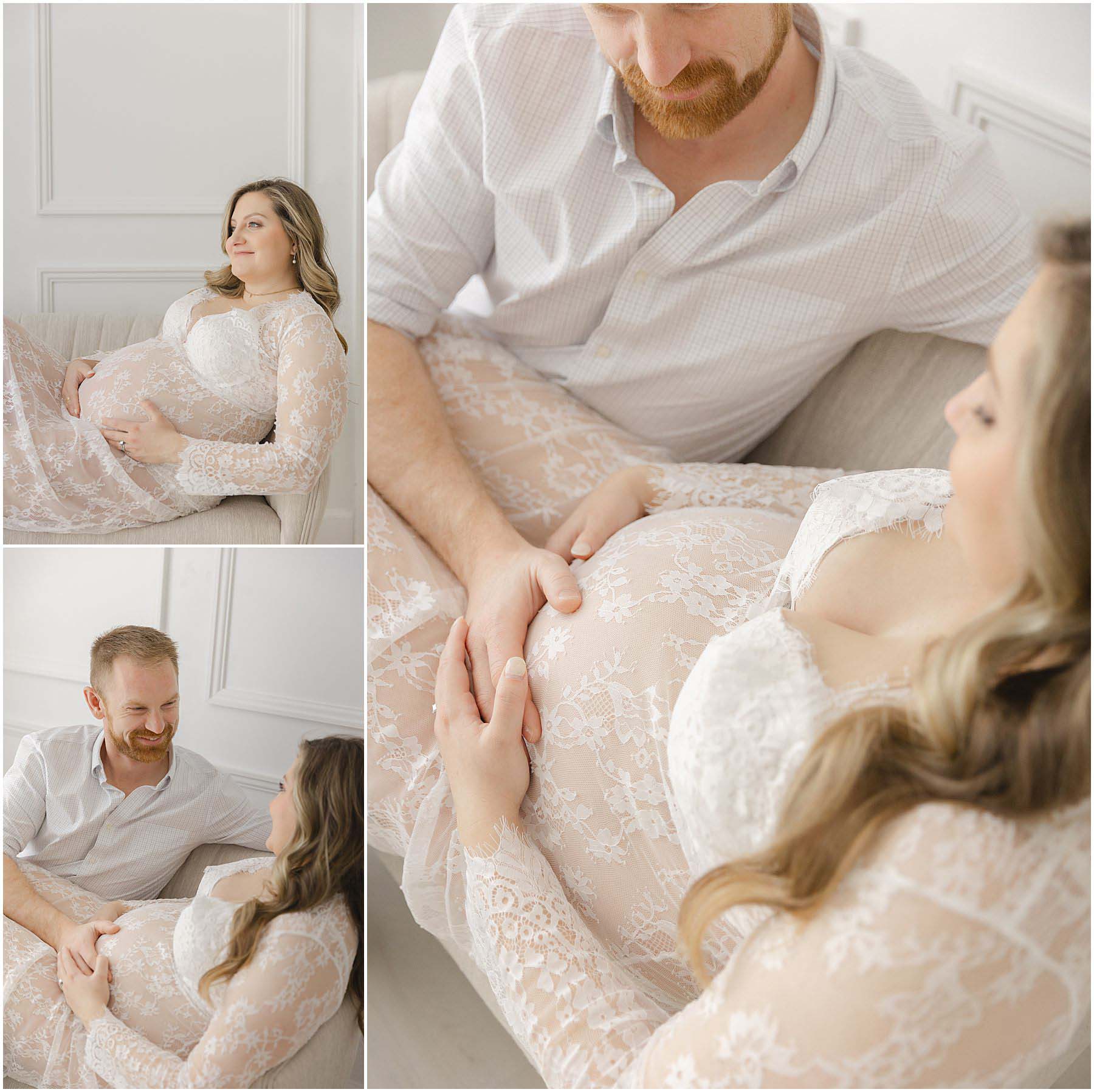 A couple expecting a baby smile and laugh together during their maternity photo session with Christy Johnson Photography in Wake Forest, NC
