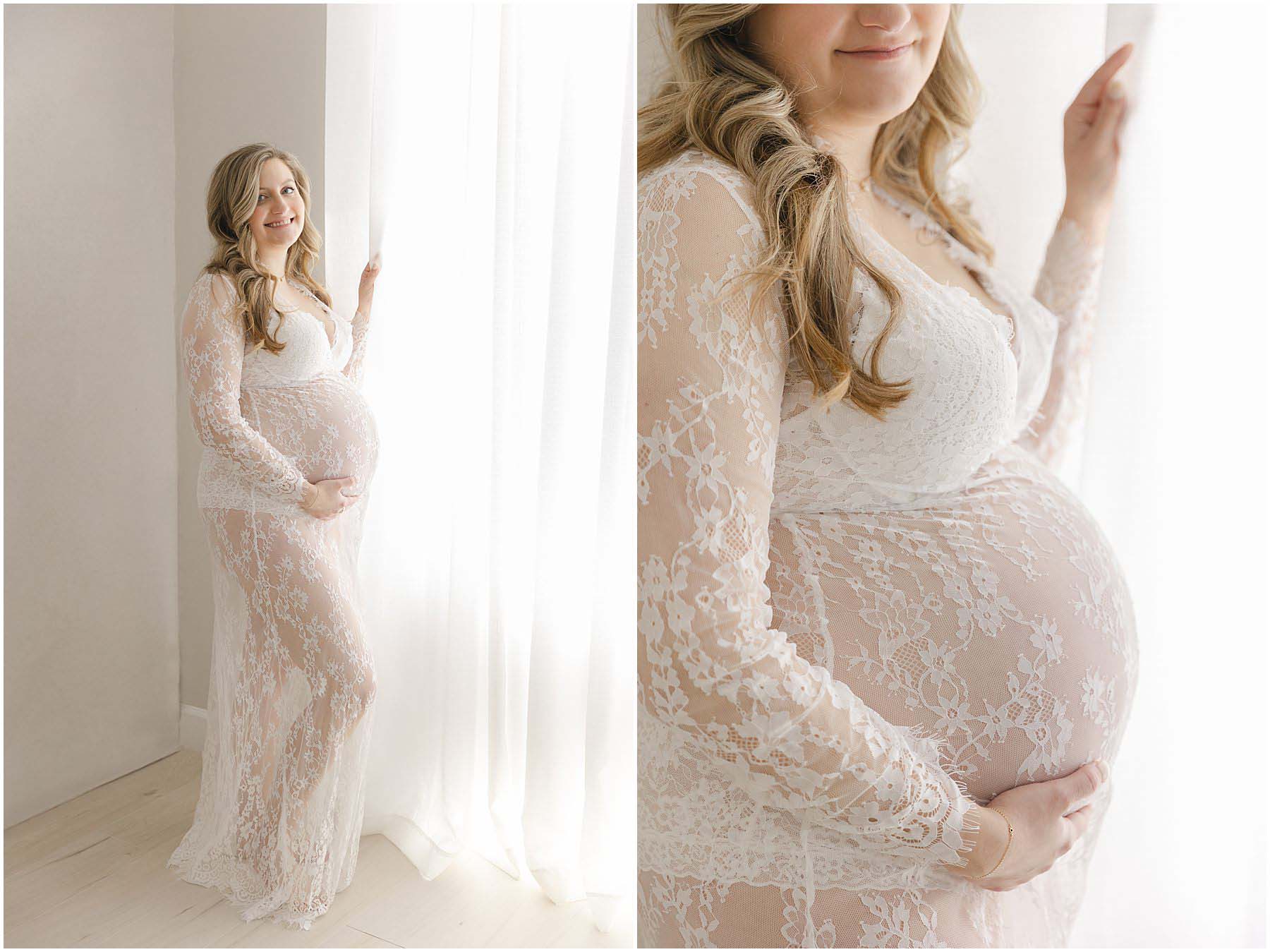 Pregnant woman in a white lace dress poses near the window during her maternity photo session with Christy Johnson Photography in Wake Forest, NC