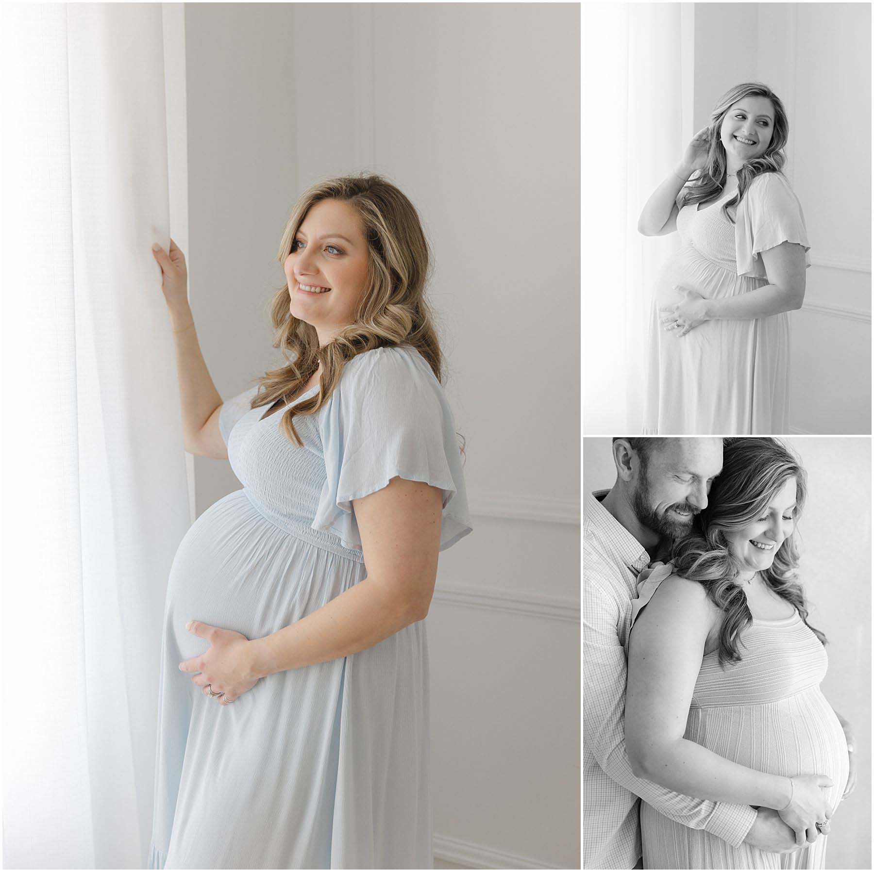 Pregnant woman in a pretty blue dress smiles excitedly during her maternity photo session with Christy Johnson Photography in Wake Forest, NC