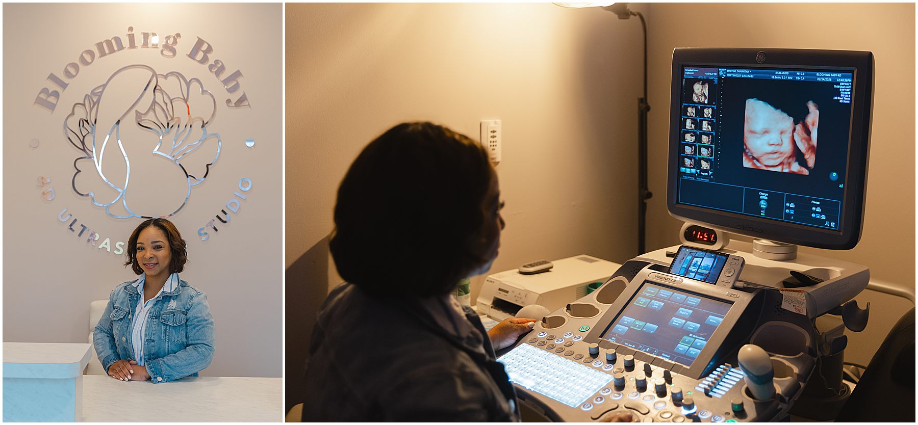 Ultrasound technician performing a 4D ultrasound for an expecting mom at Blooming Baby in Wake Forest, North Carolina