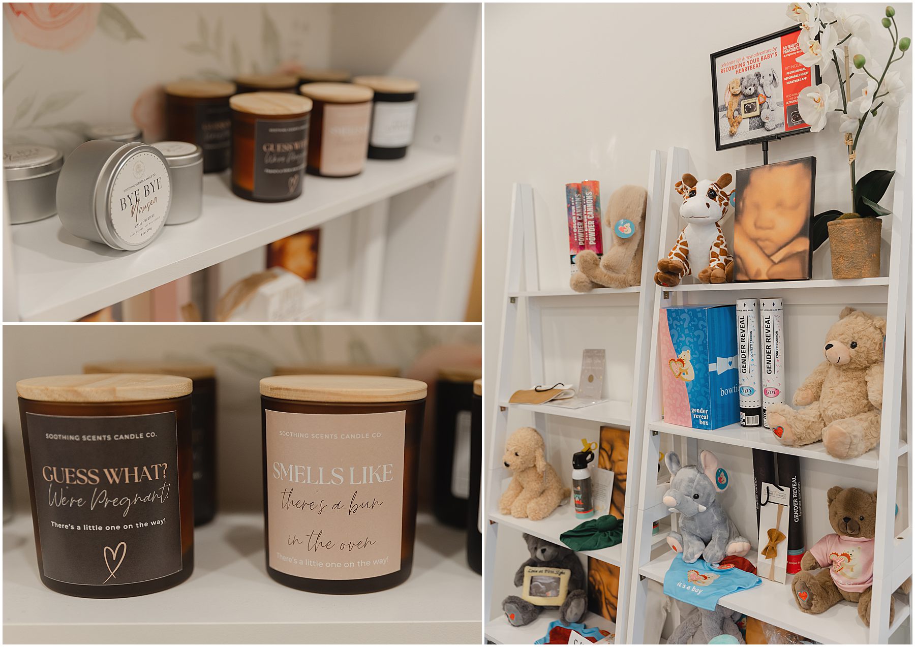 Display of ultrasound keepsakes and baby gift items available at Blooming Baby 4D Ultrasound studio near Raleigh