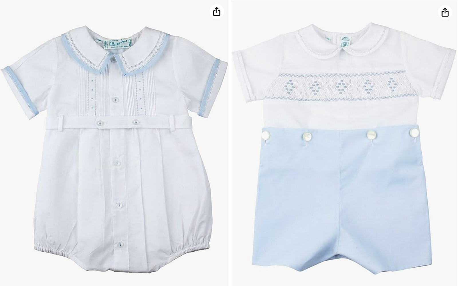 Blue and white bubble rompers for heirloom portraits outfits in Raleigh NC