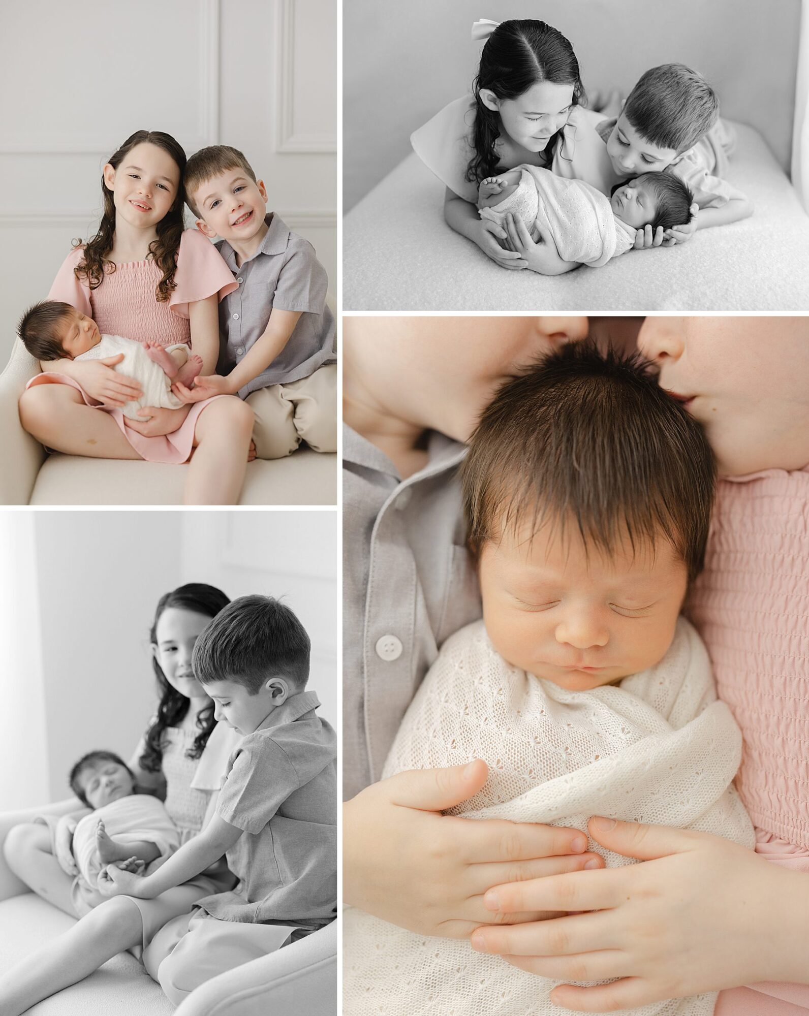Proud big sister and big brother smile big while holding their new baby sister during their newborn photo session with Christy Johnson Photography in Wake Forest, NC