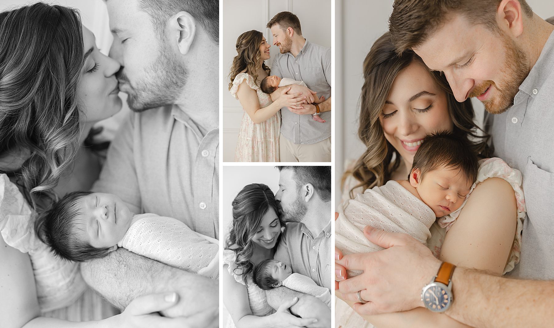 Parents snuggle their newborn baby and smile at each other excitedly during their newborn photo session with Christy Johnson Photography in Wake Forest, NC