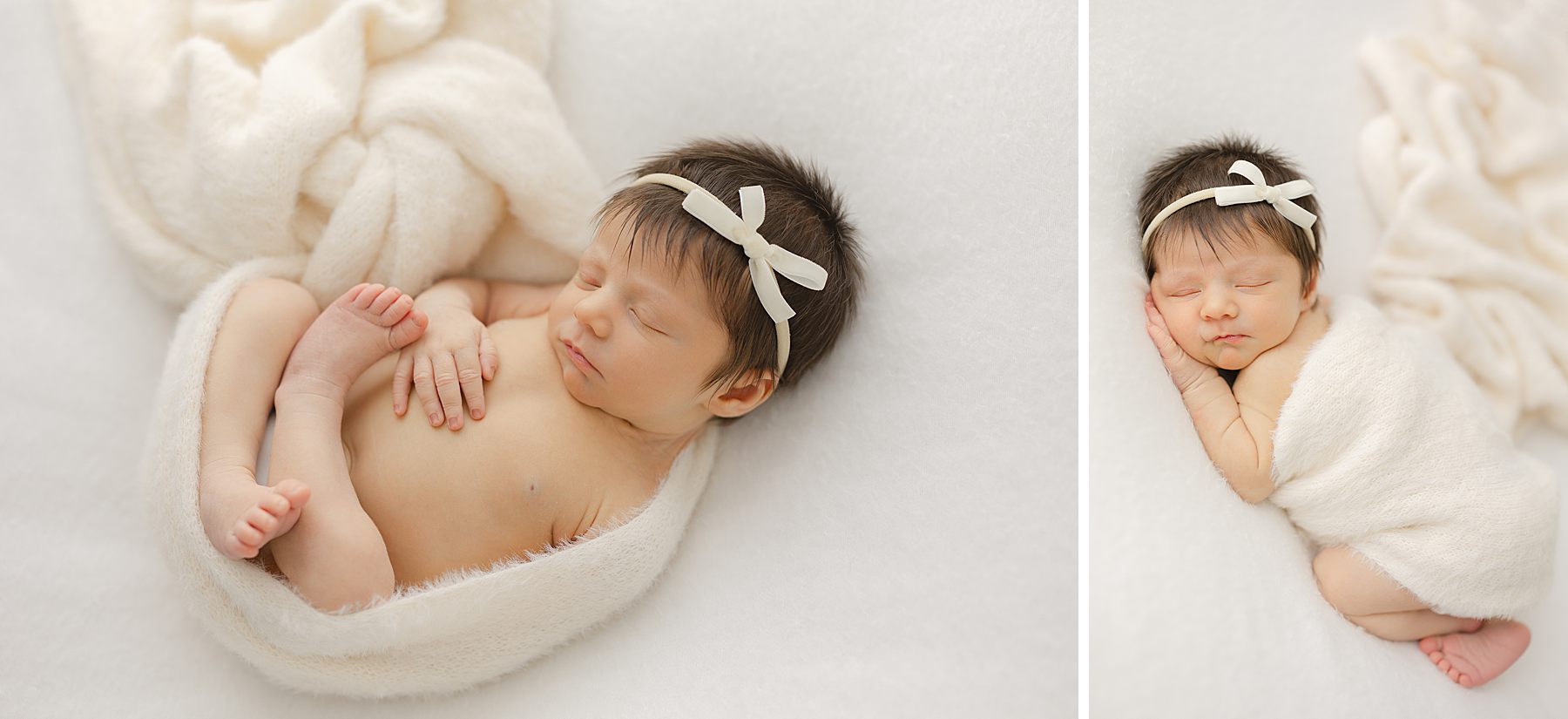 A sleeping newborn snuggles up in a cozy cream wrap during her newborn photo session with Christy Johnson Photography in Wake Forest, NC