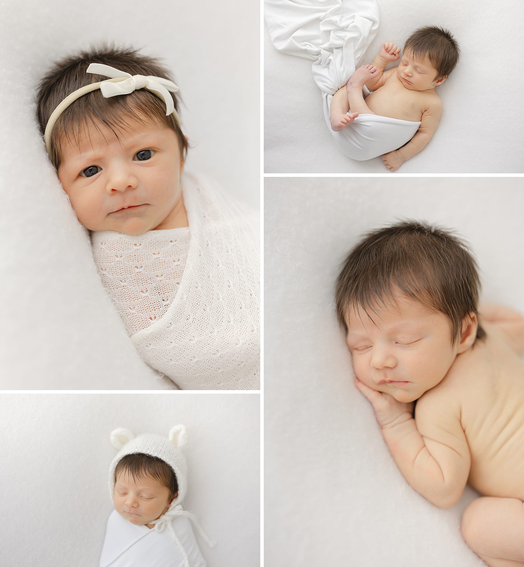 Wide awake baby girl stares into the camera, then cuddles up to sleep during her newborn photo session with Christy Johnson Photography in Wake Forest, NC