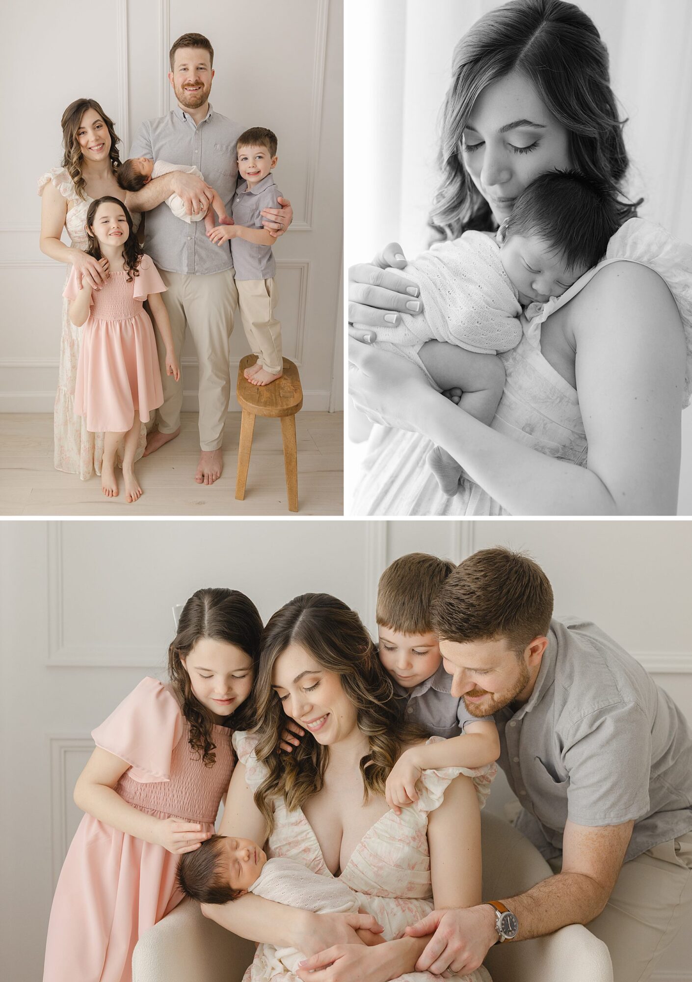 A family of five with their new baby girl during their newborn photo session in Wake Forest, NC
