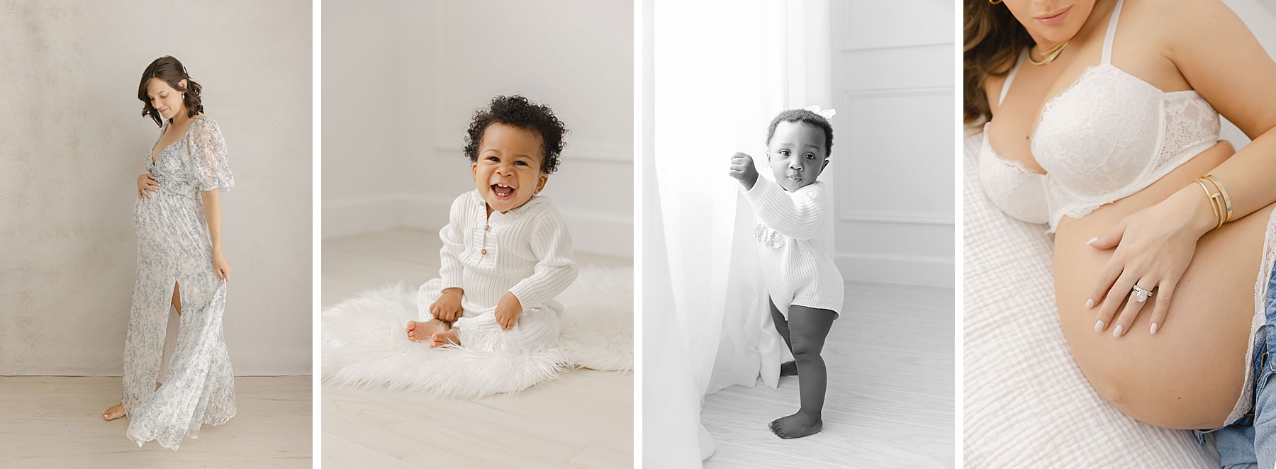 Collage of 4 Petite maternity and baby milestone sessions at Christy Johnson Photography studio in Wake Forest, NC