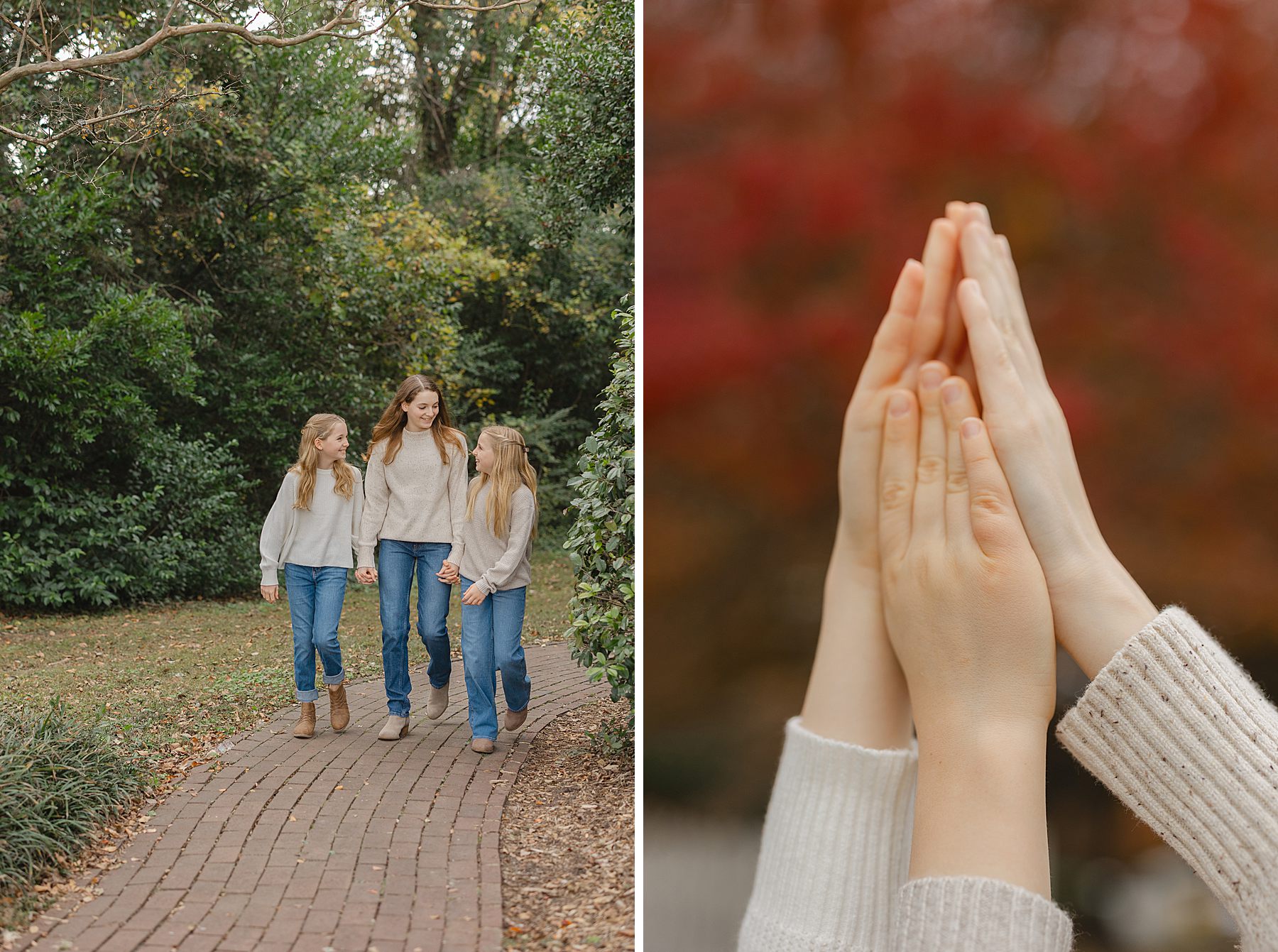 Sister walking together and holding hands during their family photos in Raleigh NC