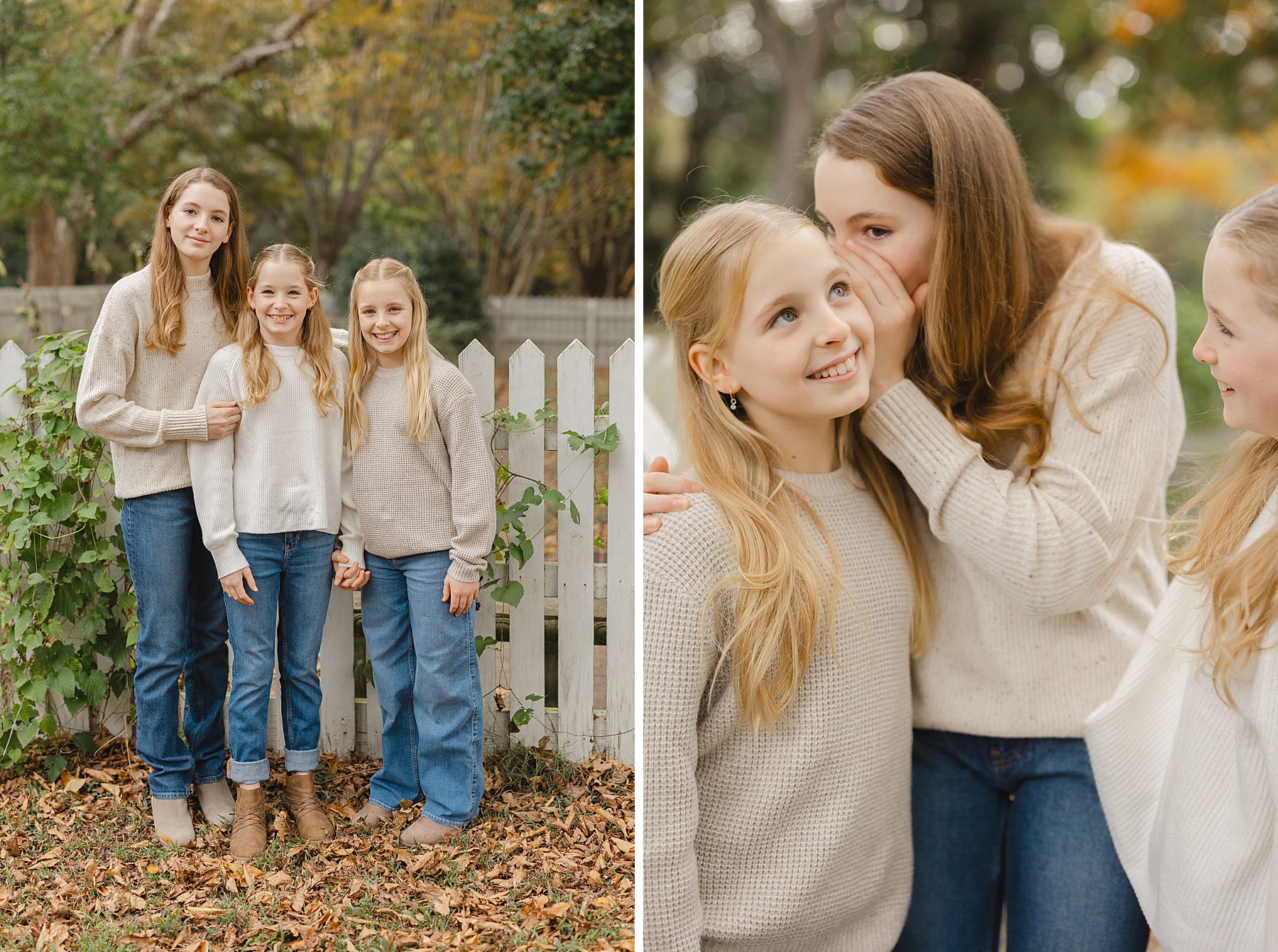 Tween sisters smile and share secrets during family photos in Raleigh NC