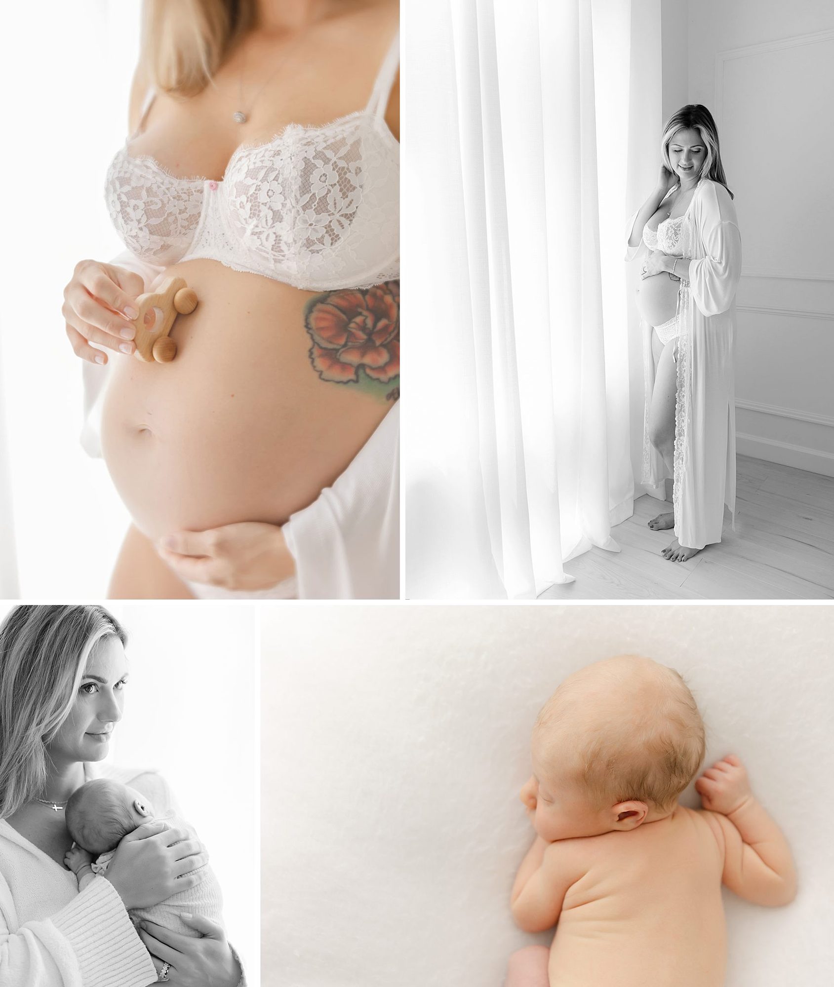 Intimate maternity portraits featuring a pregnant mother in white lace, paired with tender newborn photographs of the mother holding her baby and a sleeping newborn.