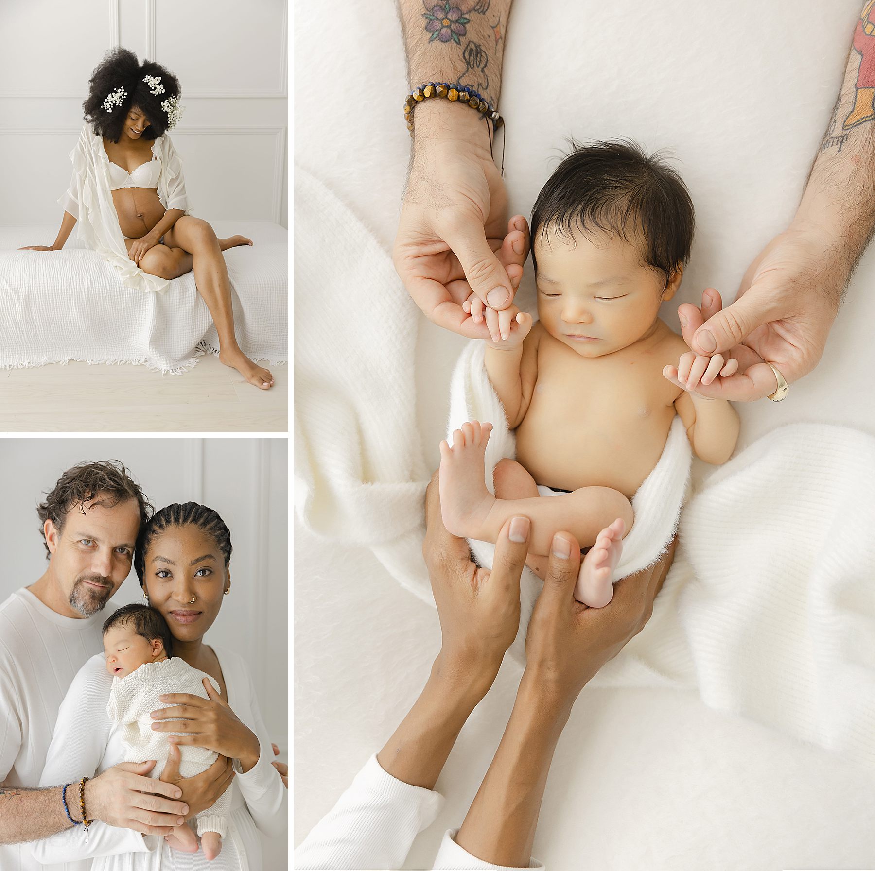 Studio maternity portrait of an expectant mother, a family portrait with their newborn, and a close-up of the baby gently held in their parents’ hands.