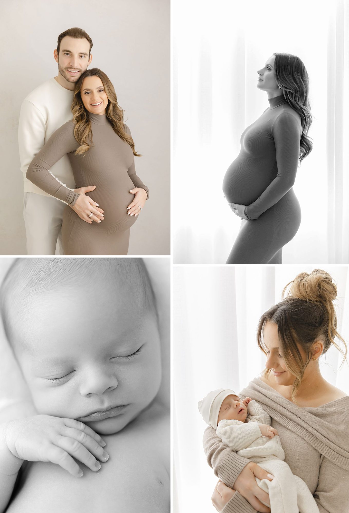 Maternity portraits of an expectant couple and mother, paired with newborn portraits of their baby and family in a softly lit photography studio in Wake Forest, NC.
