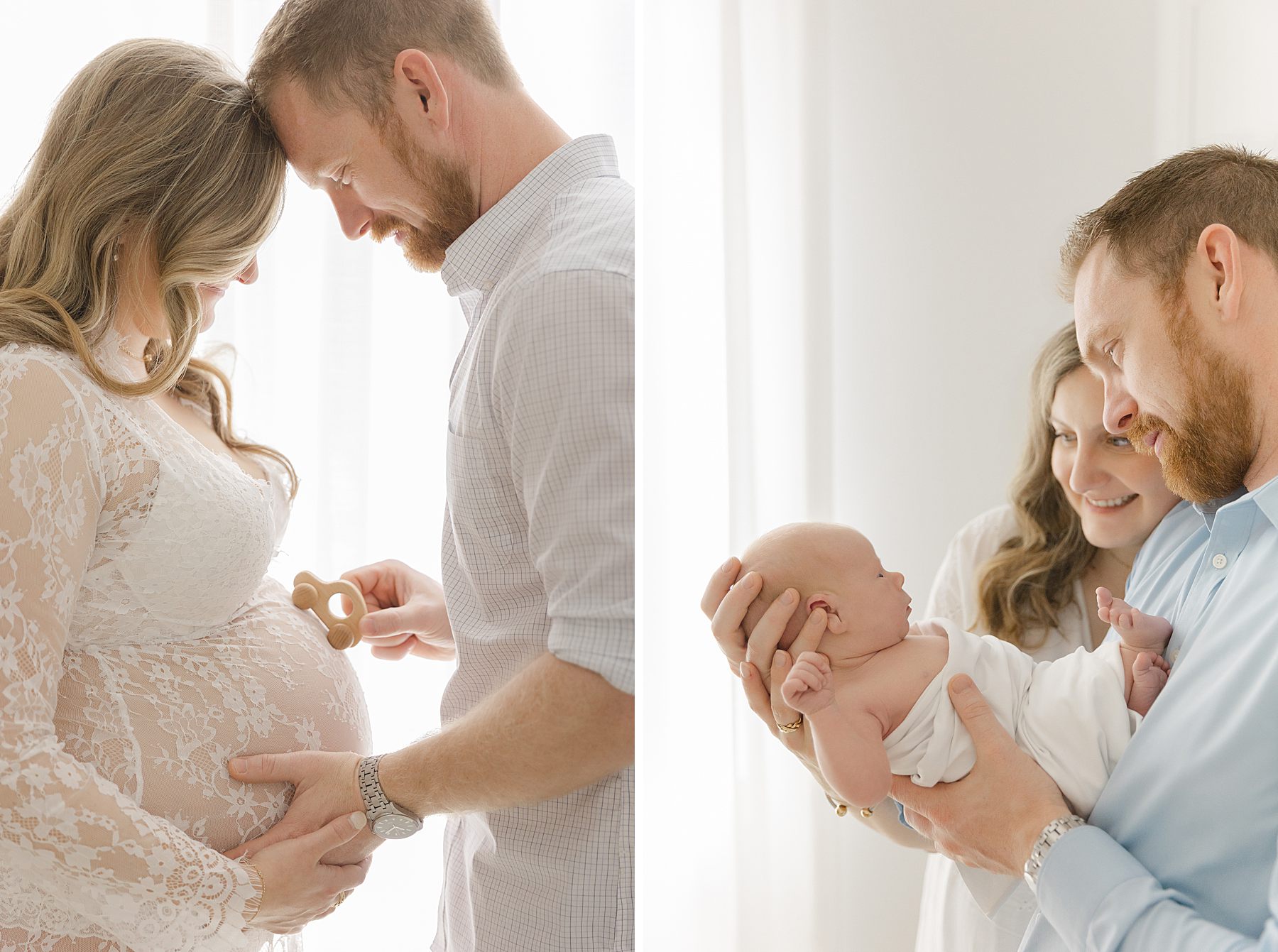 Expectant couple admiring a tiny wooden baby toy against the mother's pregnant belly, paired with a portrait of the parents holding their newborn in Wake Forest, NC.