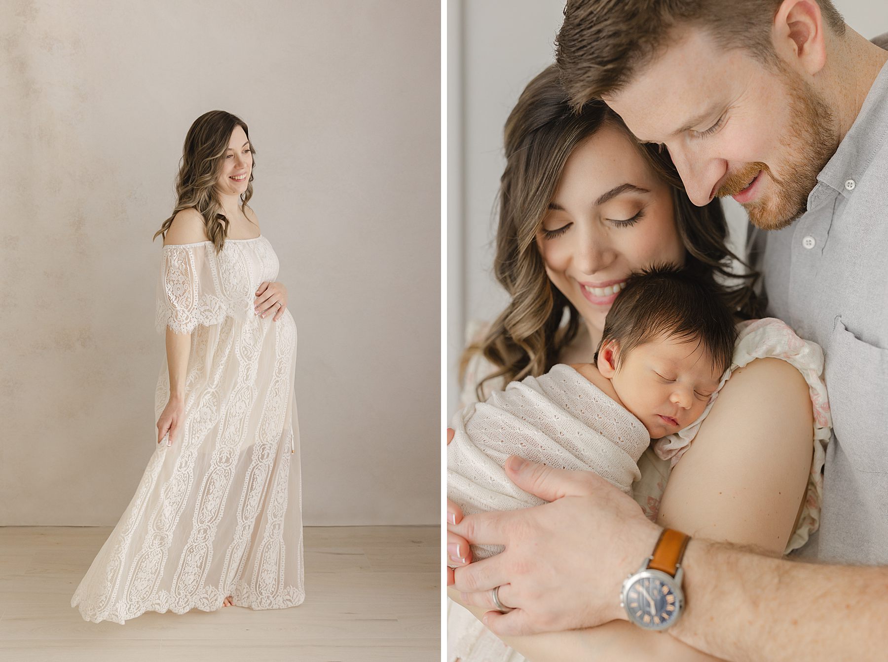 Expectant mother in a white lace dress during her maternity session, alongside a newborn portrait of the same mother and her partner holding their baby.