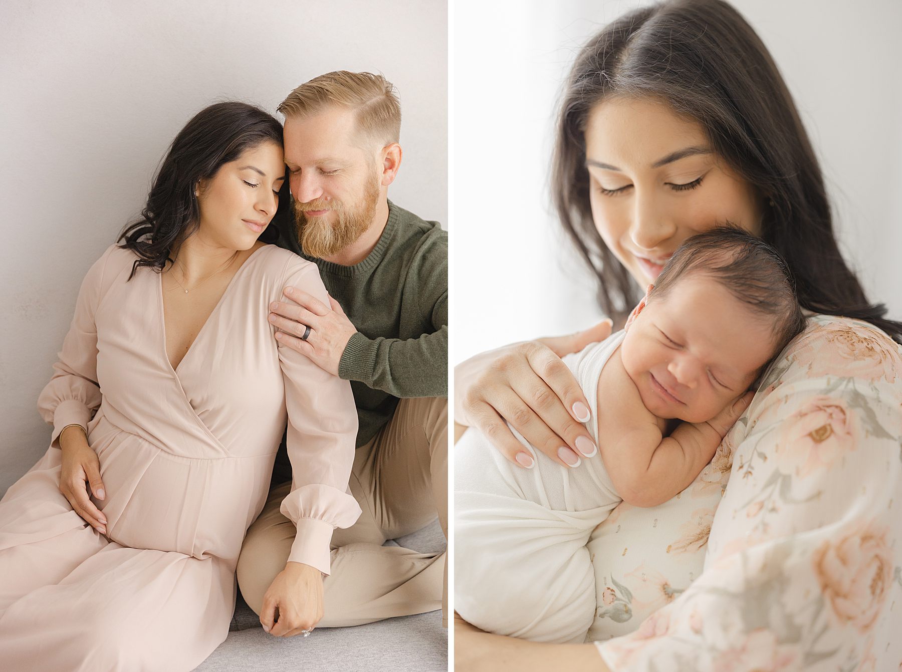Maternity portrait of an expectant couple in soft pink and neutral clothing, paired with a close-up of the mother holding her sleeping newborn.